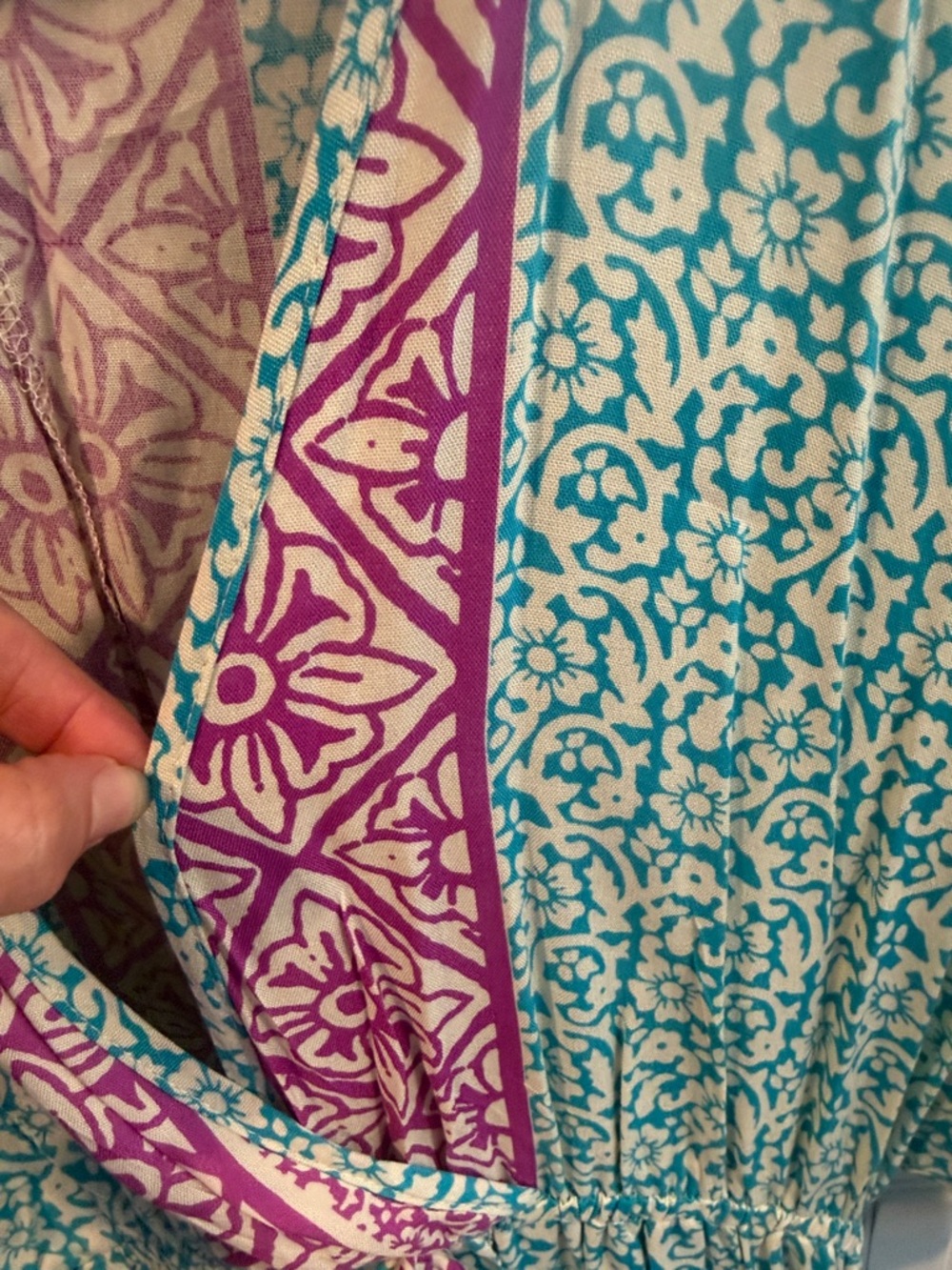 Floral Teal Maxi Dress with Pink Trim and Tie Waist - Picture 6 of 9